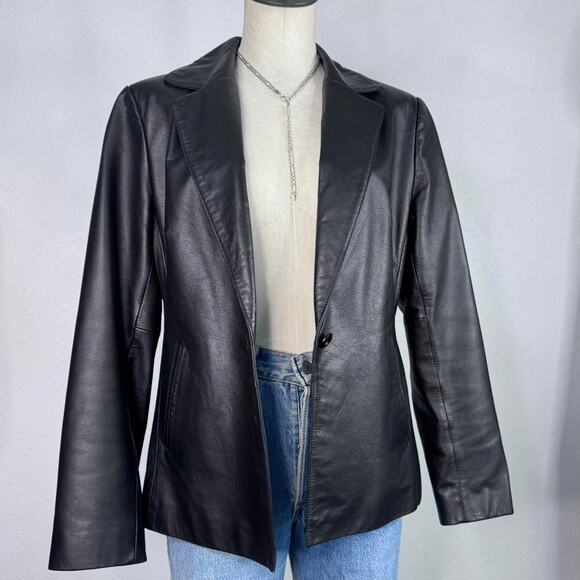 Vintage Y2K Leather Blazer Jacket V-Neck Black One Button Medium - Picture 4 of 8